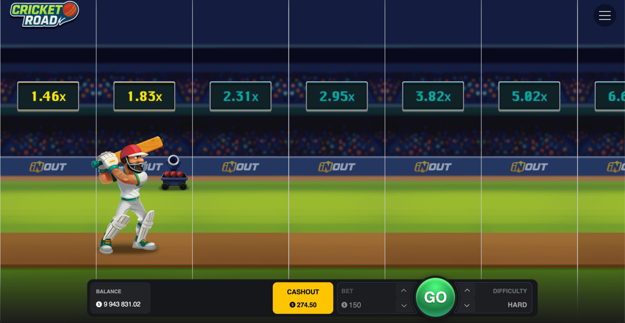 Cricket Road demo game interface showing cricket player, multiplier progression, bet controls, and difficulty selection