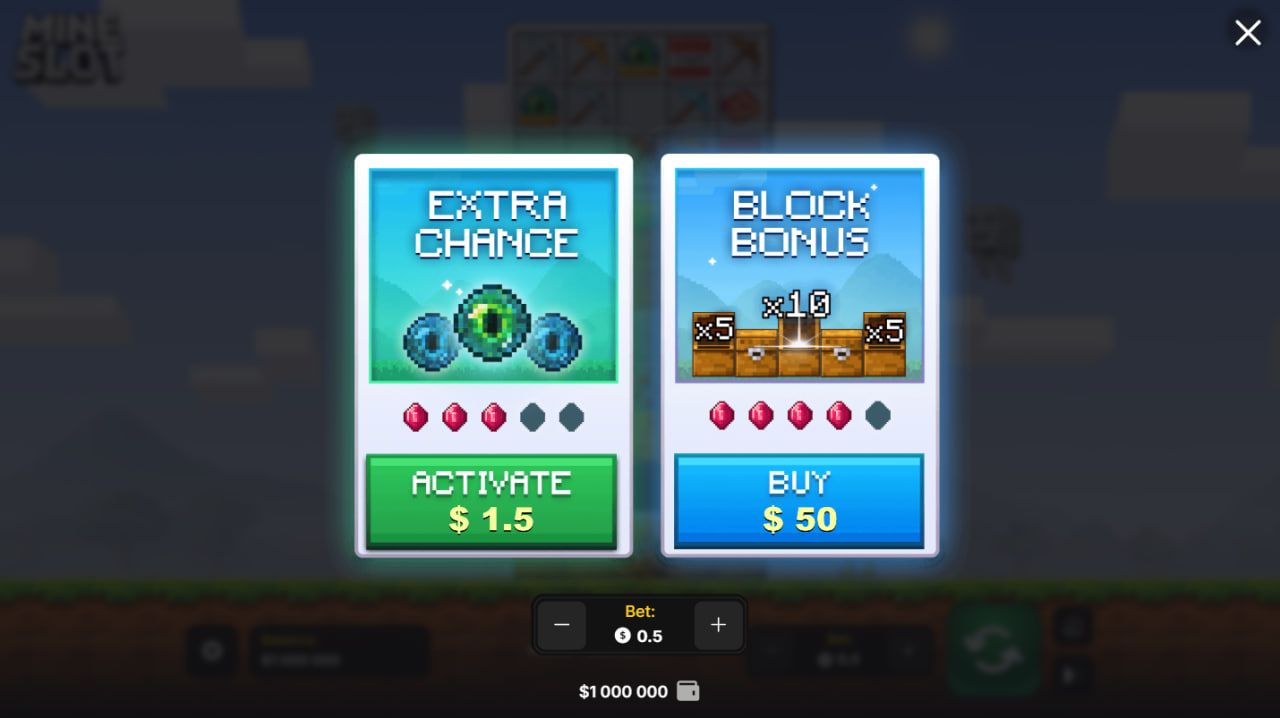 Mine Slot demo game interface showing pixel-art block mining, block stack, slot reels, bet controls, and bonus options